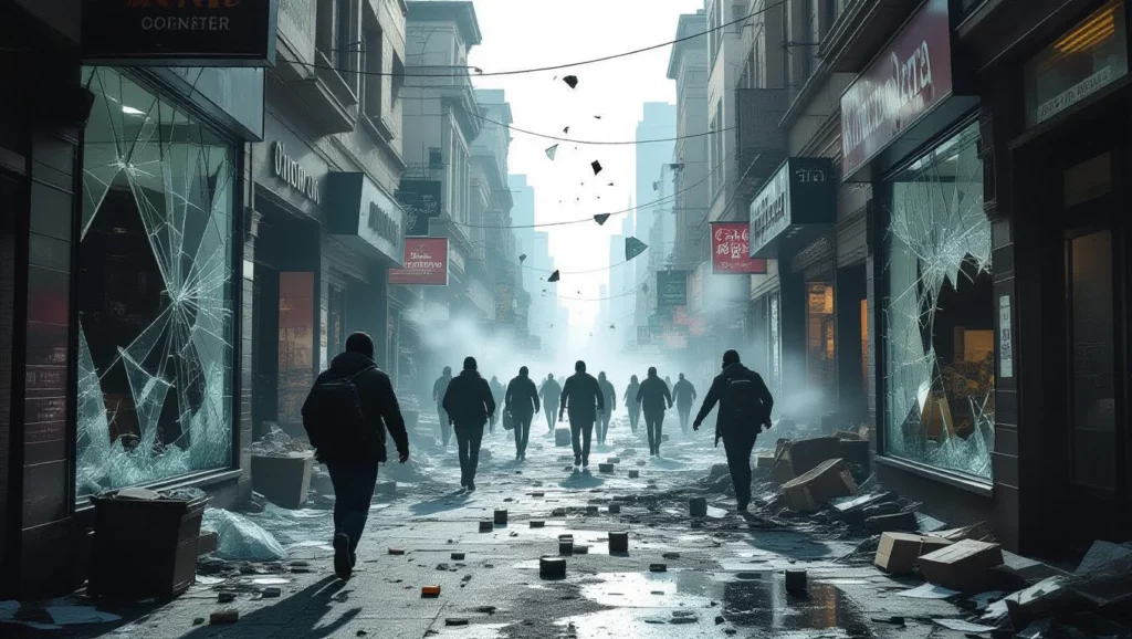 Üres, romos utcán sétáló emberek, törött üveg és szemét között, feszültség a levegőben.