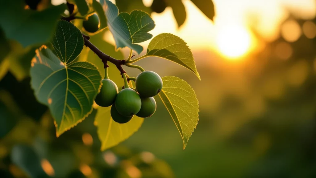 Zöld fügék egy ágon, naplementében, a természet szépségét tükrözve.