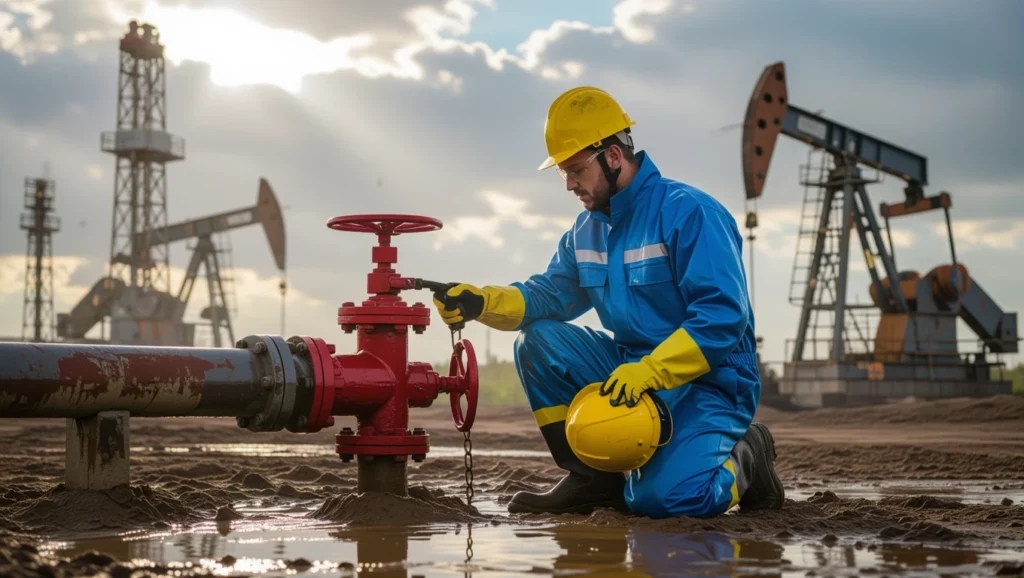 Egy gázszerelő munkáját végzi egy olajfúró állomáson, háttérben fúrótoronyokkal, a napfény szűrődik át a felhőkön.