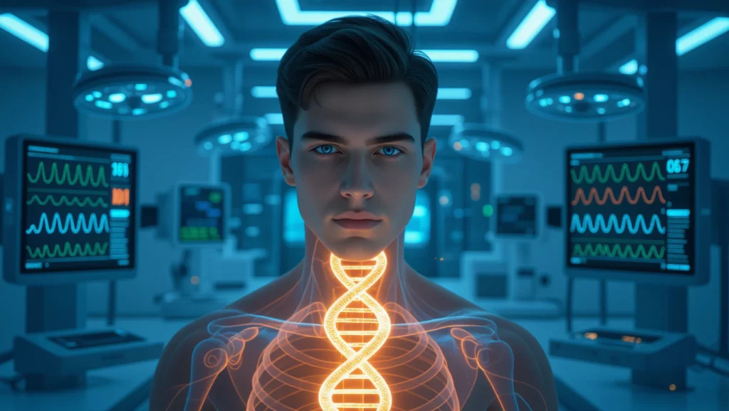 Egy fiatal férfi áll a középpontban, akinek a testében egy fénylő DNS-spirál látható, futurisztikus laboratóriumi háttérrel.