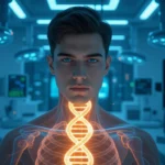 Egy fiatal férfi áll a középpontban, akinek a testében egy fénylő DNS-spirál látható, futurisztikus laboratóriumi háttérrel.