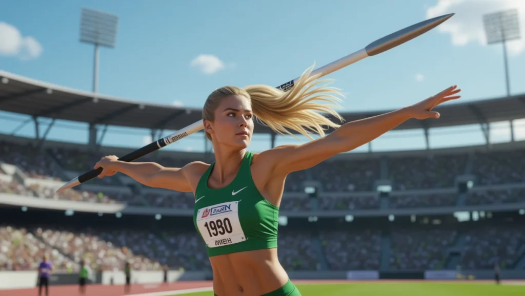 Egy sportoló, aki gerelyt hajít, a versenypályán, mögötte nézők.