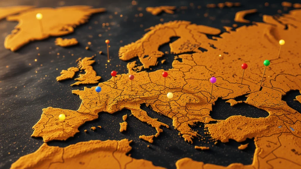 Egy térkép, amelyen gombostűkkel jelölt helyek láthatók Európában.