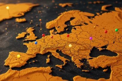 Egy térkép, amelyen gombostűkkel jelölt helyek láthatók Európában.