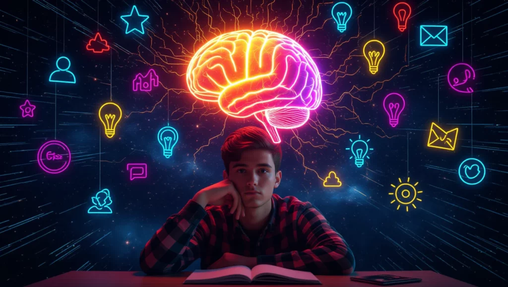 Egy fiatal fiú ül egy íróasztalnál, gondolkodva néz a könyvére, feje fölött színes agy szimbólum és ötletek ábrázolva.