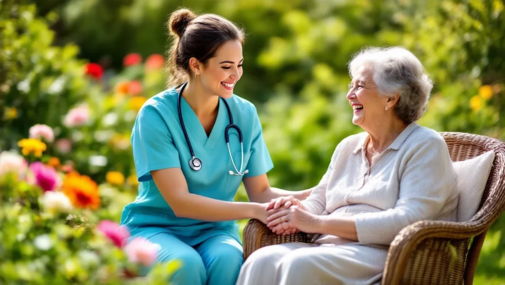 Az ápoló és az idős hölgy közötti szeretetteljes kapcsolat a gondoskodásról és a bizalomról szól.