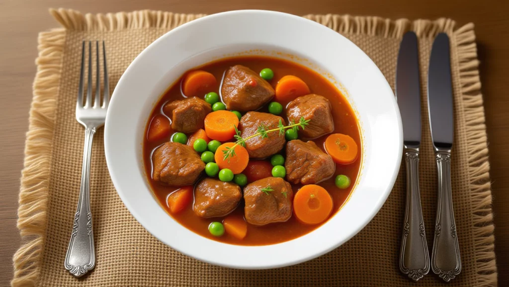 Egy tál gulyásleves, tele szaftos húsdarabokkal, répával és zöldborsóval, ízletes és tápláló megjelenéssel.