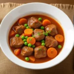 Egy tál gulyásleves, tele szaftos húsdarabokkal, répával és zöldborsóval, ízletes és tápláló megjelenéssel.