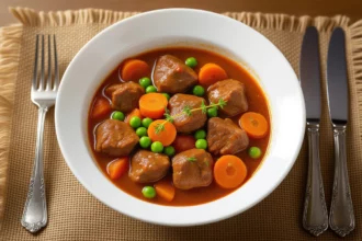 Egy tál gulyásleves, tele szaftos húsdarabokkal, répával és zöldborsóval, ízletes és tápláló megjelenéssel.