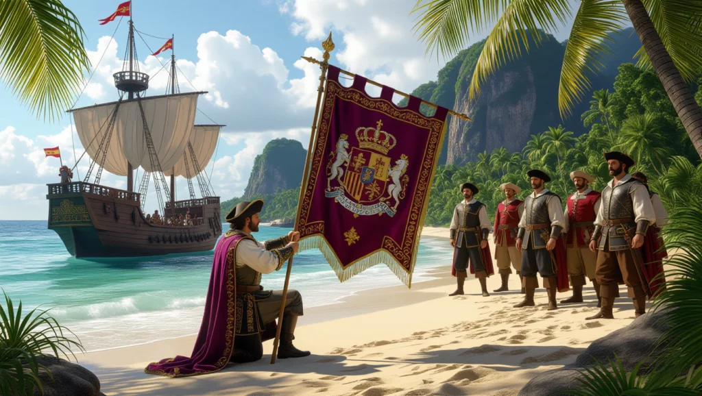 Egy férfi térdel a tengerparton, kezében egy díszes zászlóval, mögötte egy hajó és öt férfi áll.