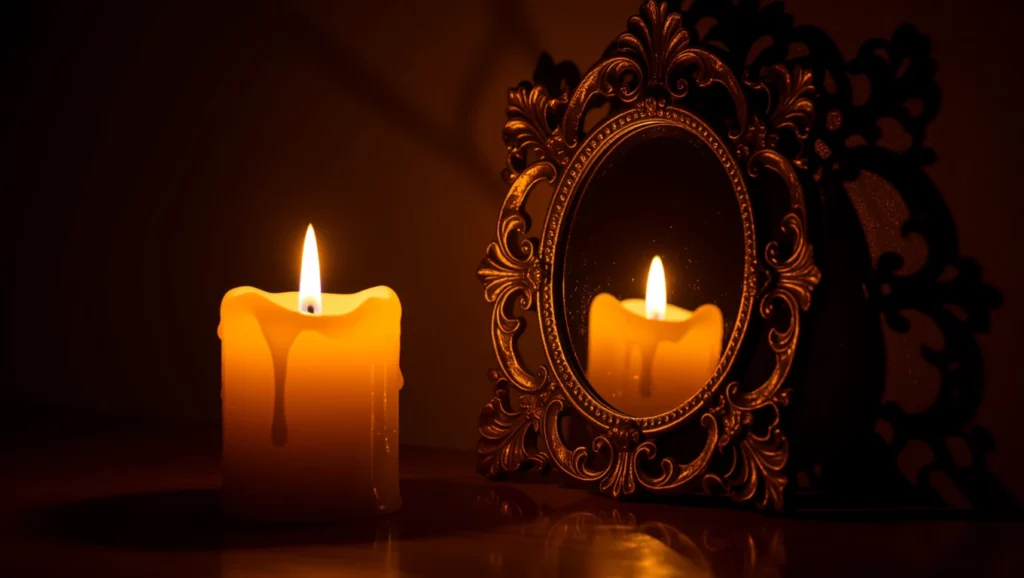 Egy gyönyörű gyertya lángja tükröződik egy díszes tükörben, meleg fényt árasztva.