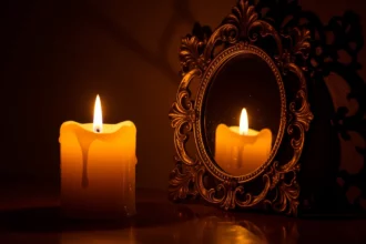 Egy gyönyörű gyertya lángja tükröződik egy díszes tükörben, meleg fényt árasztva.