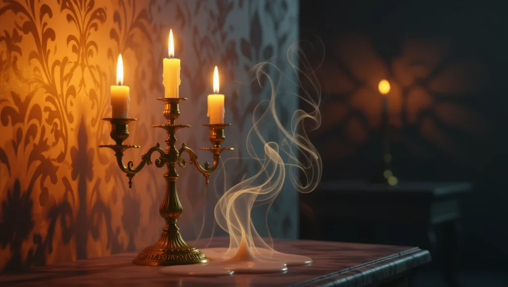Egy elegáns gyertyatartó három gyertyával, lágy fényben és füsttel.