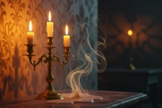 Egy elegáns gyertyatartó három gyertyával, lágy fényben és füsttel.