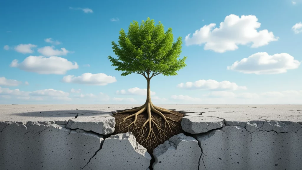 Egy zöld fának a gyökerei láthatók, ahogy repedezett talajból nő ki, a háttérben kék ég és felhők.