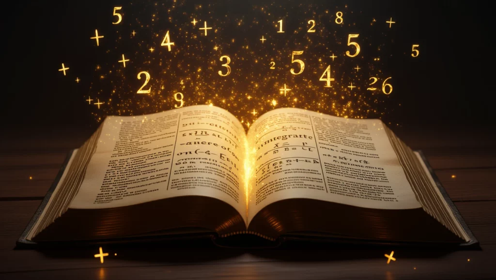 Egy nyitott könyv, amelyből számok és csillagok szállnak fel, álomfejtést szimbolizálva.