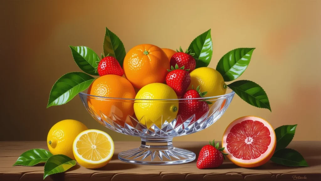Egy gyümölcstál friss gyümölcsökkel, mint narancs, citrom és eper, zöld levelekkel díszítve.
