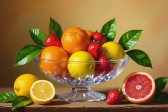 Egy gyümölcstál friss gyümölcsökkel, mint narancs, citrom és eper, zöld levelekkel díszítve.