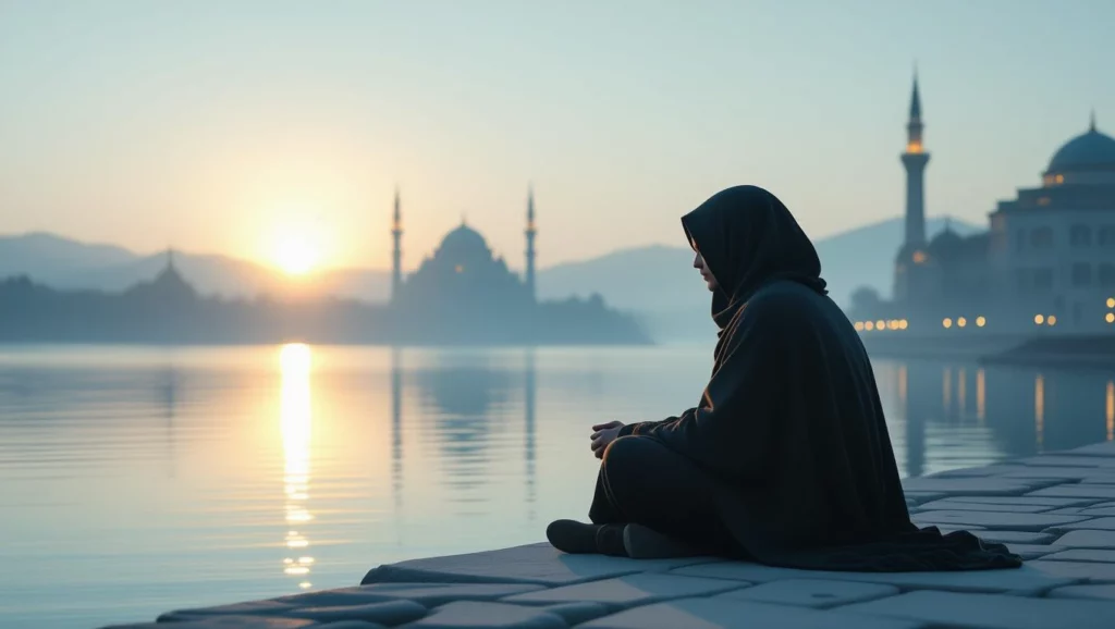 A vízparton ülő alak a napfelkeltét figyeli, mély gondolatokkal és belső békével.