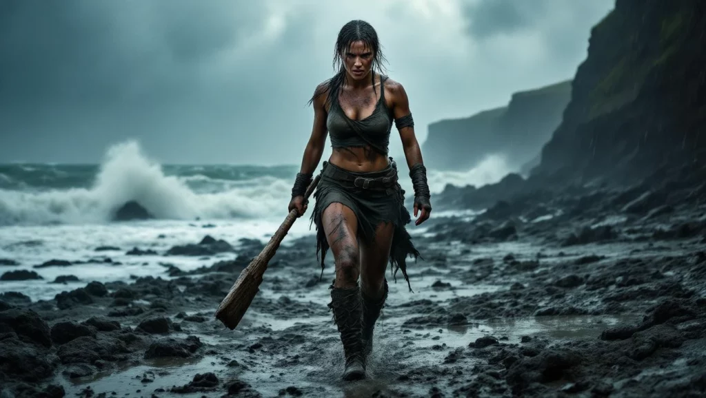 A hajótörött nő a viharos tengerparton, bátorságot és kitartást szimbolizálva.