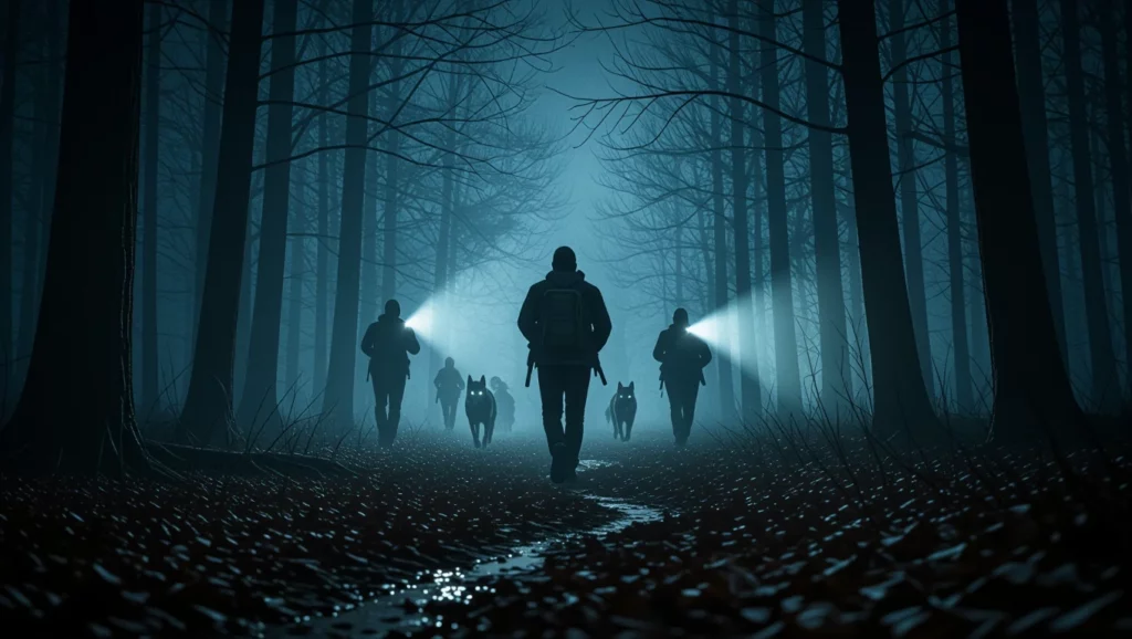 Sötét erdőben, fák között emberek csoportja fáklyával halad előre.