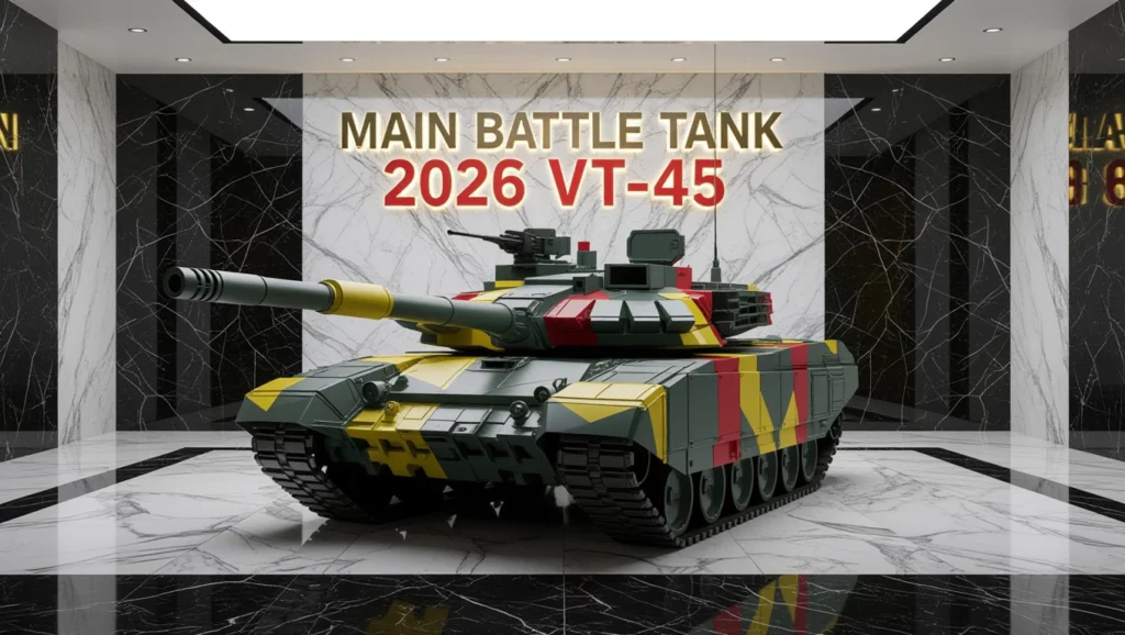 Egy modern harckocsi, színes festéssel, egy elegáns térben kiállítva.