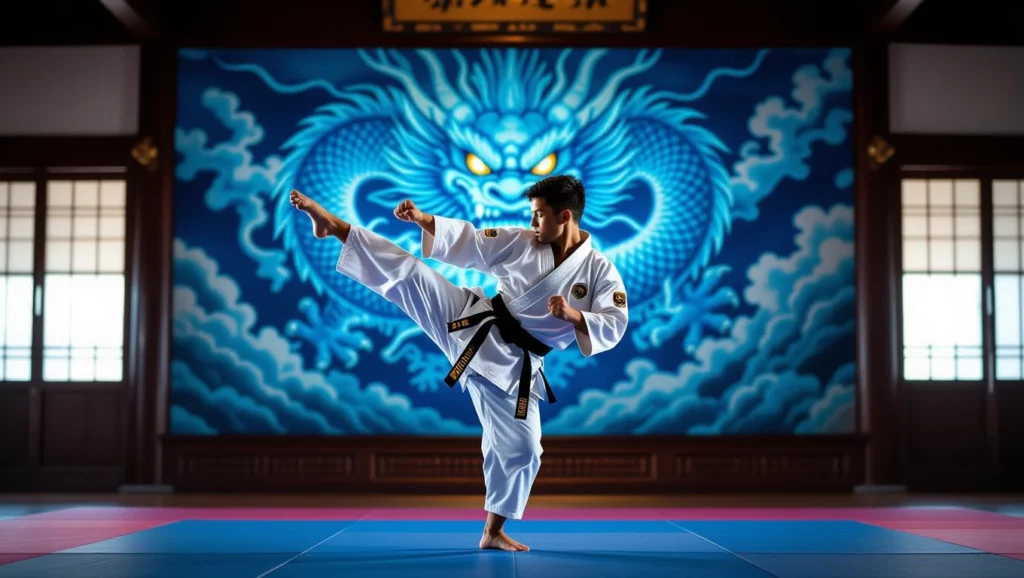 A harcművész egy magas rúgást végez, ami az erőt és a koncentrációt szimbolizálja. Ez az álomban a kitartás és a célok elérésének vágyát tükrözi.