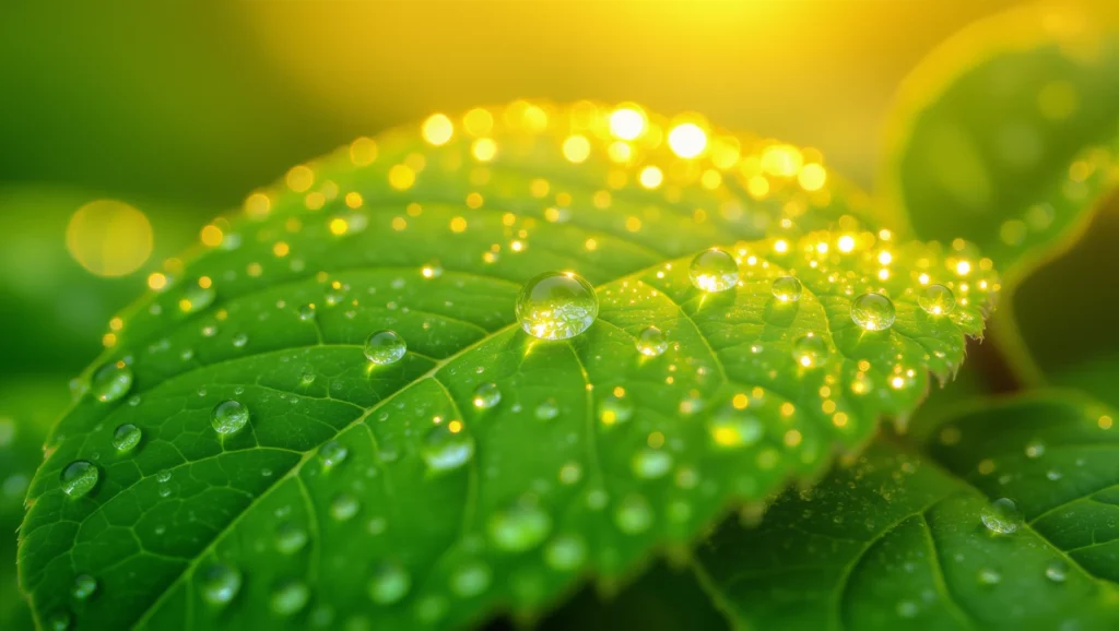 Zöld levél harmatcseppekkel, ragyogó napsütésben, friss és tiszta megjelenéssel.