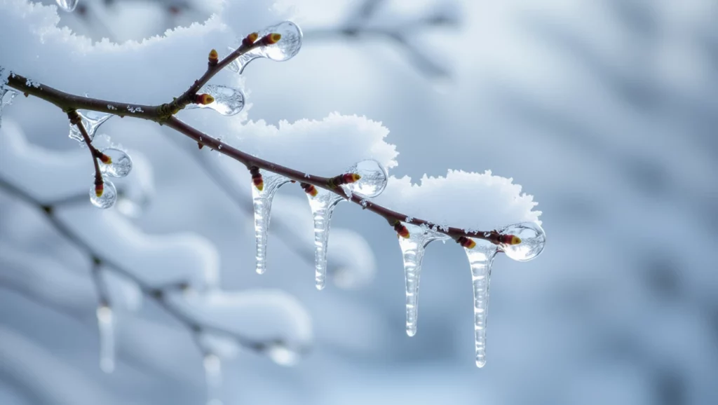 Havas ágon csillogó jégcsapok és friss hó, amely a téli táj szépségét tükrözi.