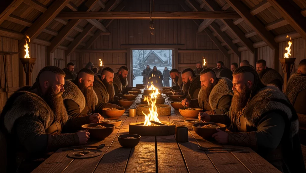Egy hagyományos, fából készült házban férfiak ülnek egy hosszú asztalnál, középen tűz ég, étellel teli tálak előttük.
