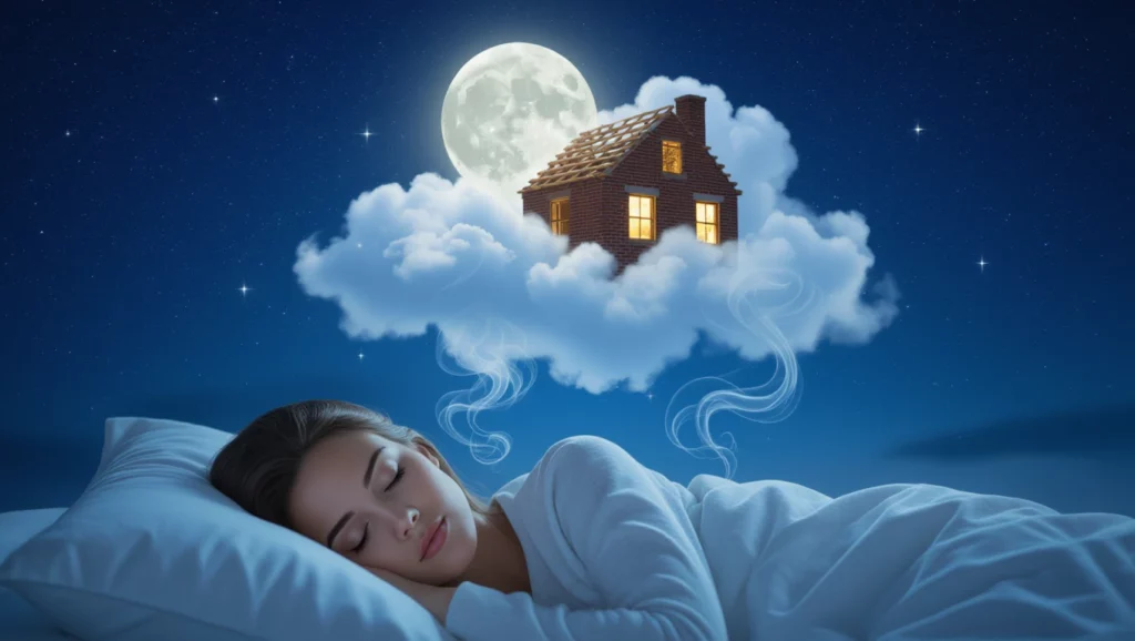 Egy fiatal nő alszik az ágyában, miközben egy ház lebeg a felhők között a hold fényében.