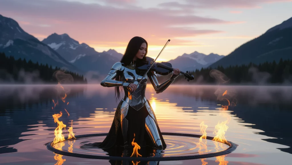 A hegedűs művésznő a vízben állva játszik, a naplemente fénye és a lángok varázslatos atmoszférát teremtenek, ami az álmok és vágyak megvalósítását szimbolizálja.
