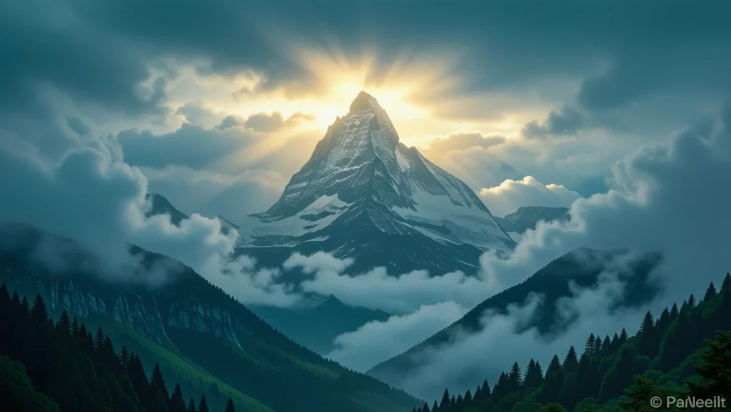 Egy hegycsúcs, amelyen a napfény áttör a felhőkön, szimbolizálva a célok elérését.