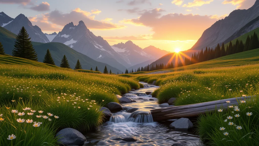 A hegyi patak és a naplemente álomszerű látványa, amely a belső békét és harmóniát szimbolizálja.