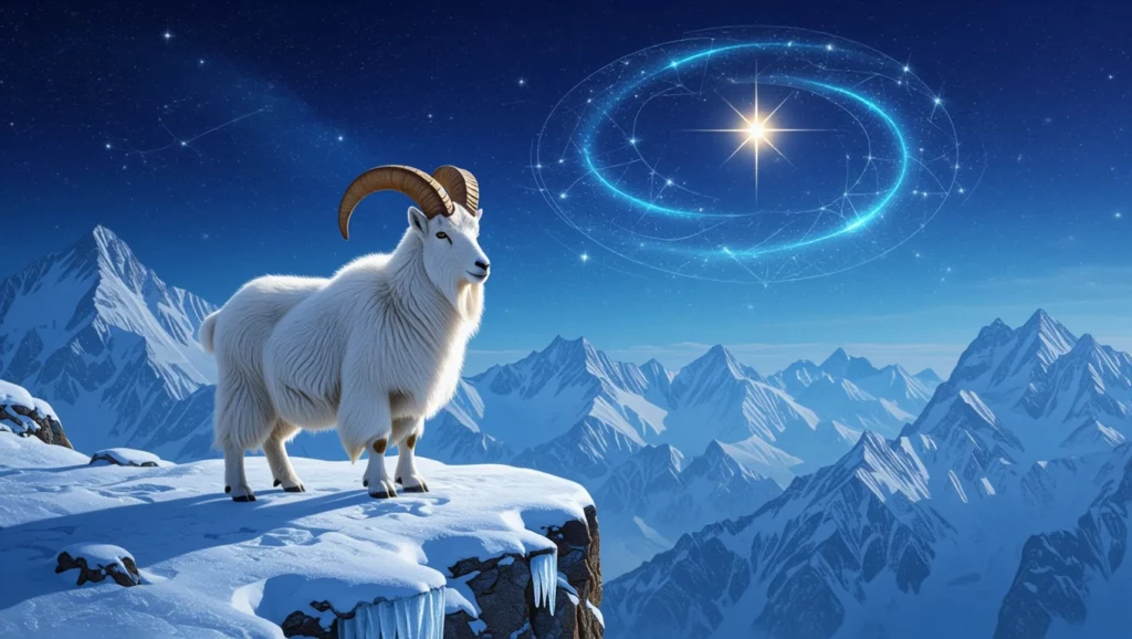 Egy hegyikecske áll a havas hegycsúcs peremén, a csillagfényes éjszakai ég alatt, amely a kitartás szimbóluma.