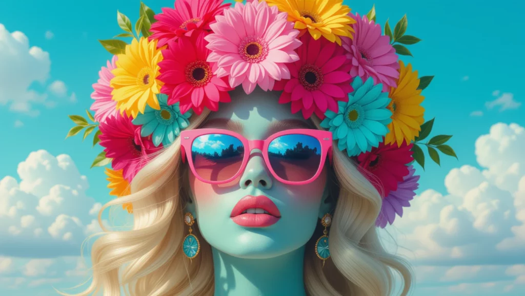 Színes virágkoszorús nő napszemüvegben, a hippikultúra szimbóluma.