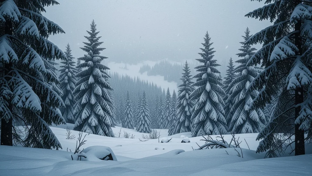 Havas erdő látképe, hóval borított fák között, ködös időben.