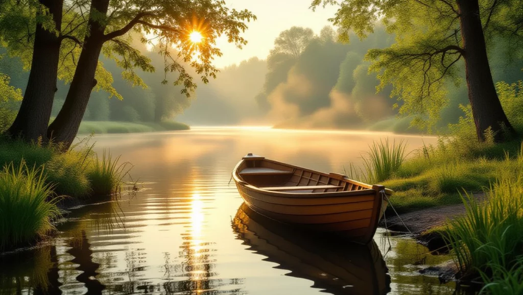 Egy horgásztó reggeli fényben, békés vízfelszín, mellette egy csónak és zöld fák.