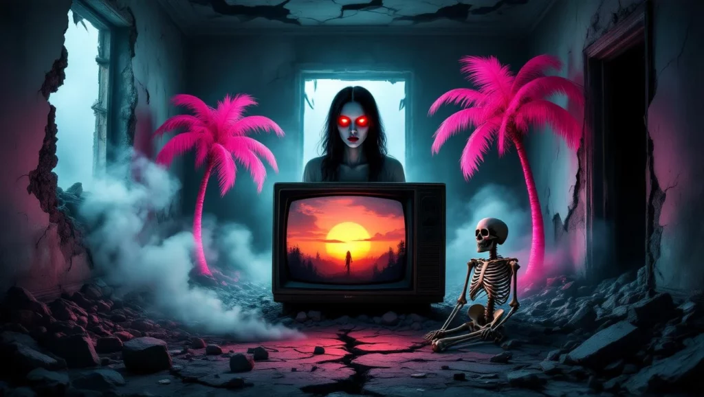 A régi tévé előtt ülő csontváz és félelmetes női alak álomfejtésre utalhat, a múlt árnyait idézve.