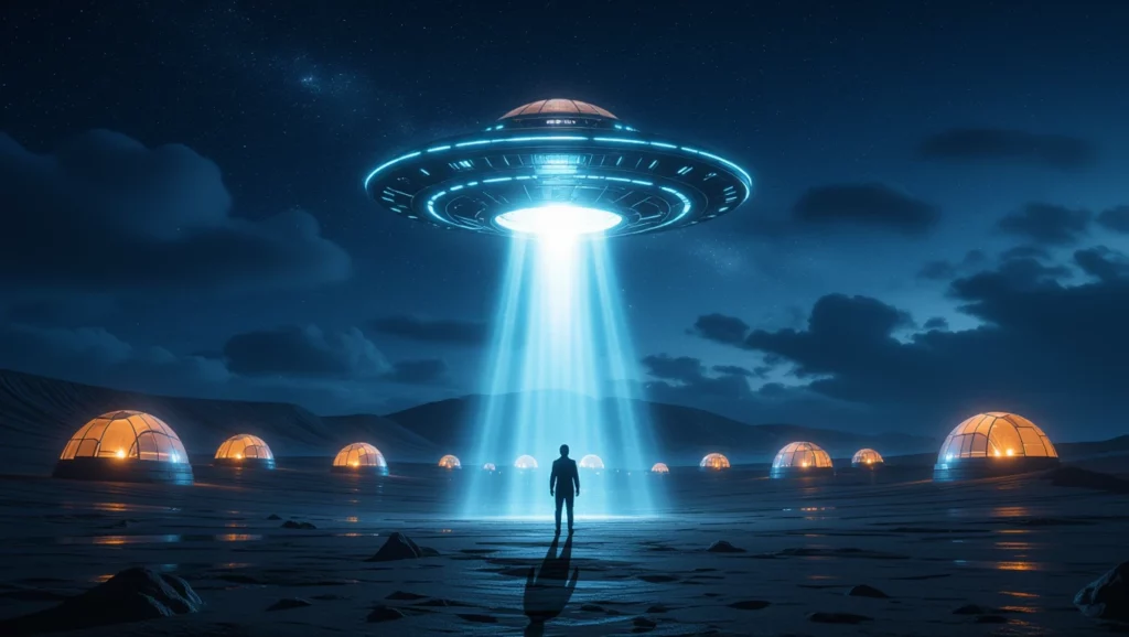 Egy idegen űrhajó fénye alatt álló figura, álomfejtés szempontjából a felfedezés és új lehetőségek szimbóluma.