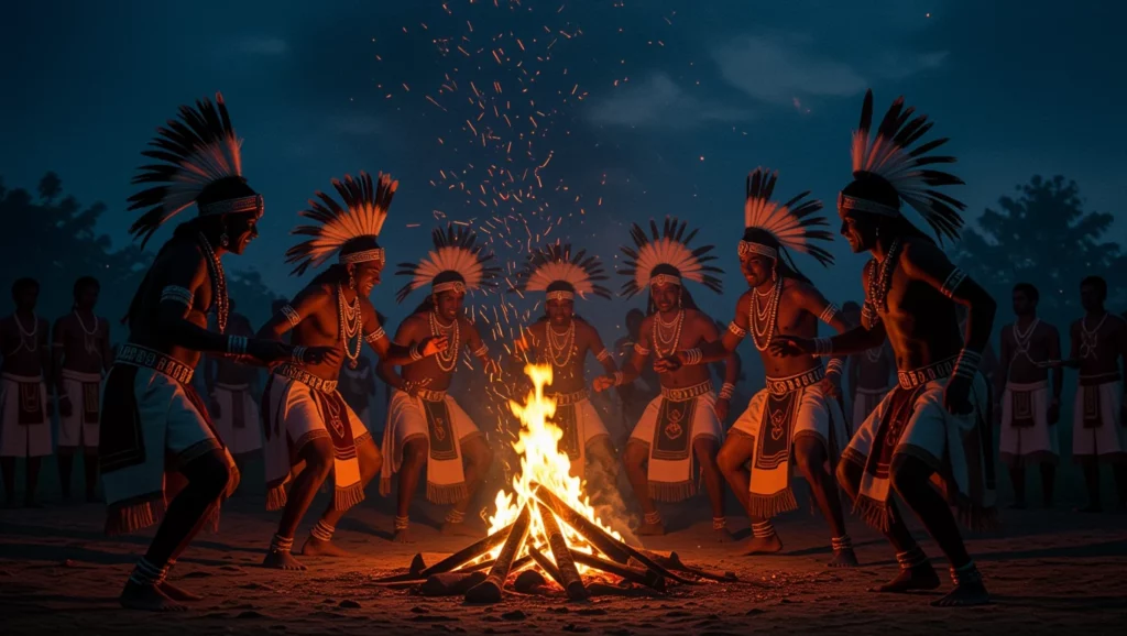 Egy indiántáncot bemutató csoport táncol egy tűz körül az éjszakai ég alatt.