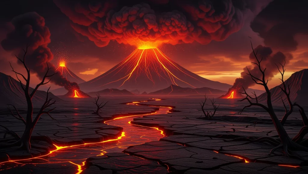 Egy vulkánkitörés közepette lángoló láva folyik a föld felszínén, sötét fák és füstölgő kráterek környezetében.