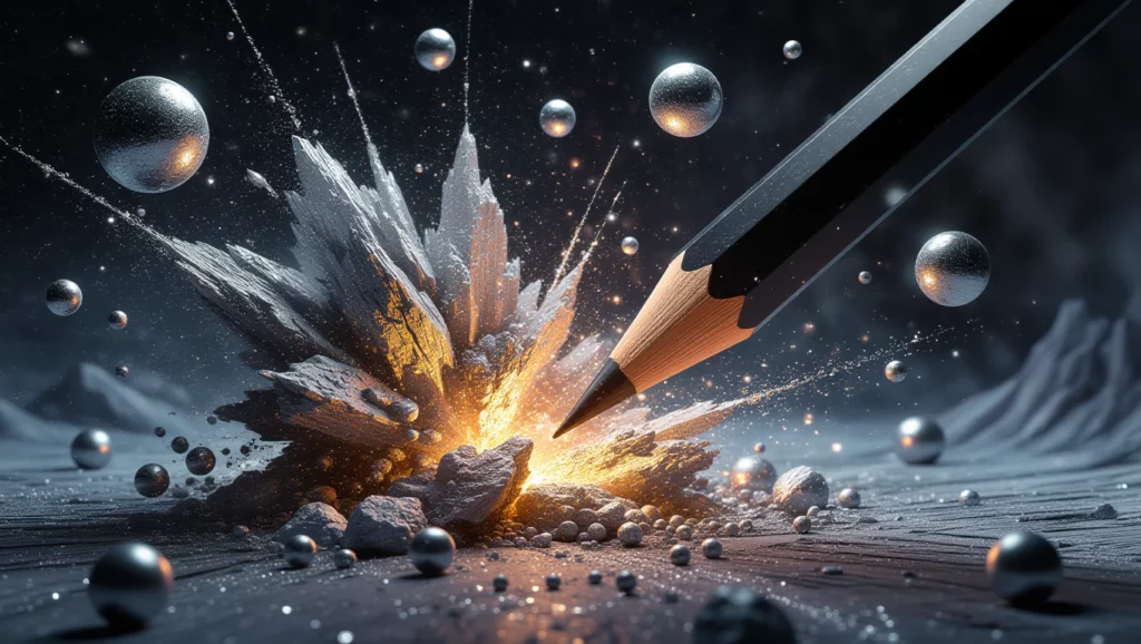 Egy ceruza robbanásszerűen felrobbant egy sziklákkal teli tájon, kreatív energiát szimbolizálva.