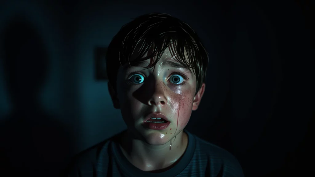 Egy rémült fiú arca, aki az éjszaka sötétjében retteg valamitől.