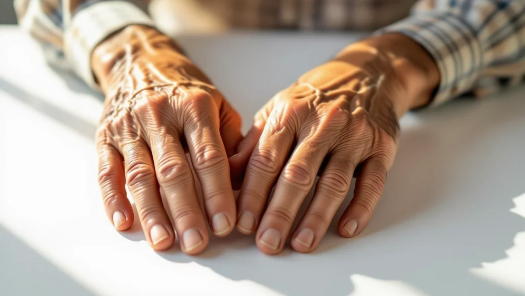 Egy idős ember kezei, amelyek az asztalon pihennek, ráncos bőrrel.