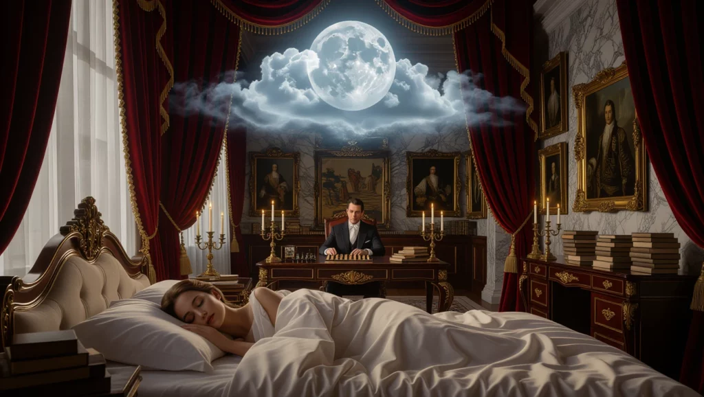 Egy álmodó nő fekszik az ágyban, míg egy férfi játszik a háttérben egy elegáns szobában.