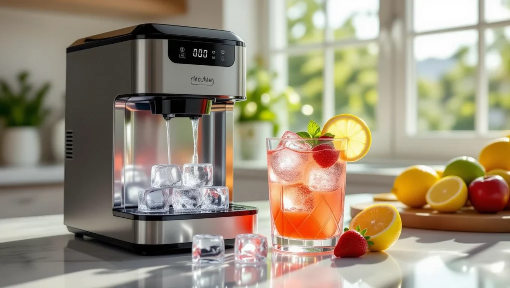 Modern jégkocka készítő gép, friss gyümölcsökkel teli pohár mellett.