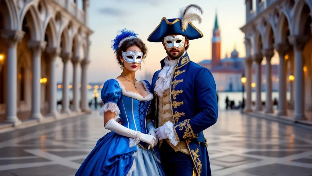 Álomszerű jelmezbál jelenet, titokzatos maszkos pár a gyönyörű város háttérben.