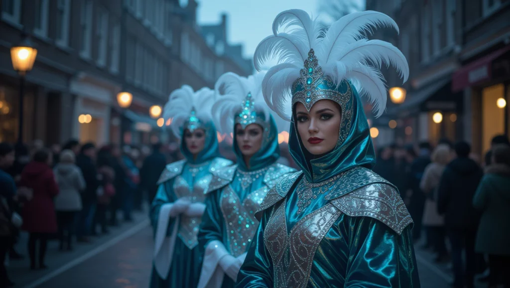 A jelmezes parádé élénk színei és gazdag díszítése álomfejtésre inspiráló látvány.