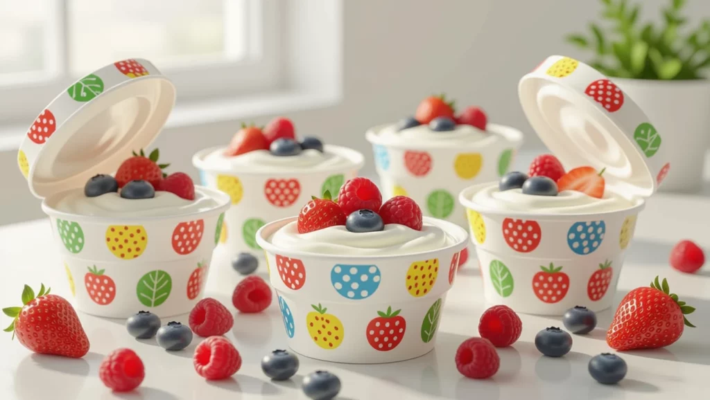Színes joghurtos poharak friss gyümölcsökkel egy világos konyhában.